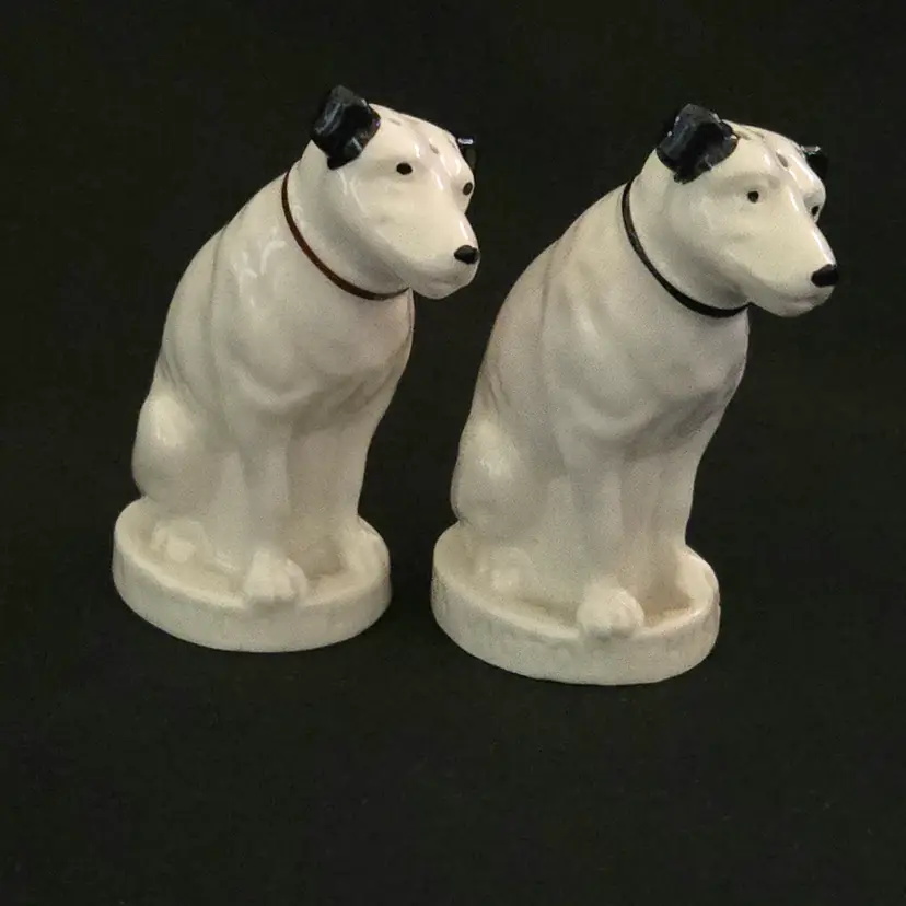 LENOX Salt Pepper Shakers Ceramic RCA His Master's Voice Nipper Dog 3" Tall Vintage - 2 time eras