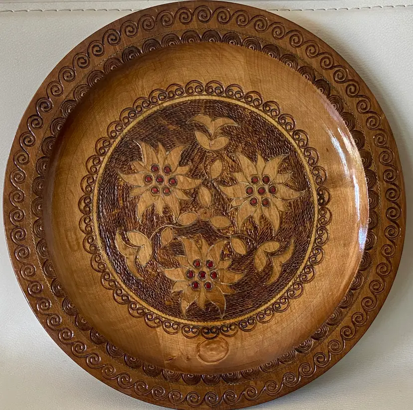 Vintage Polish Carved Wood Plate, Floral & Scroll Design, 11.5" Diameter