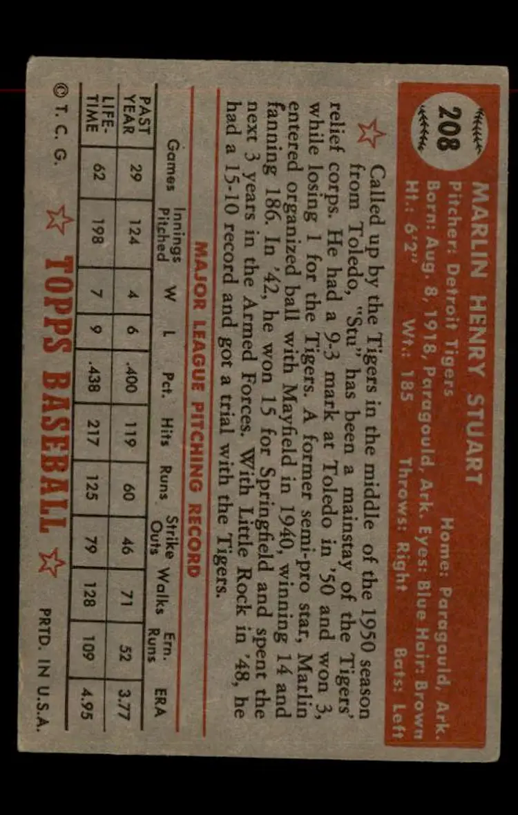 1952 Topps #208 Marlin Stuart - (pk-tl1) - Detroit Tigers