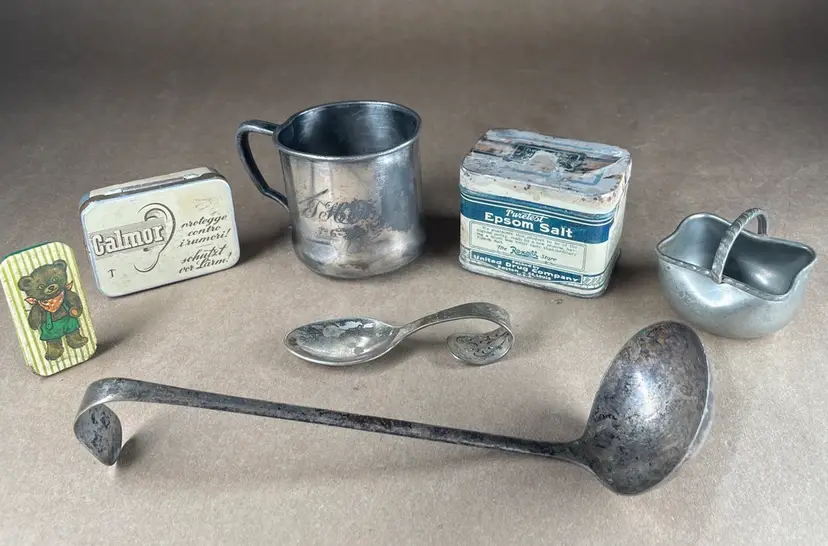 Vintage Drug Medicine Advert Tin Box Calmor Epsom Salt + Metal Spoons, Baby Cup +