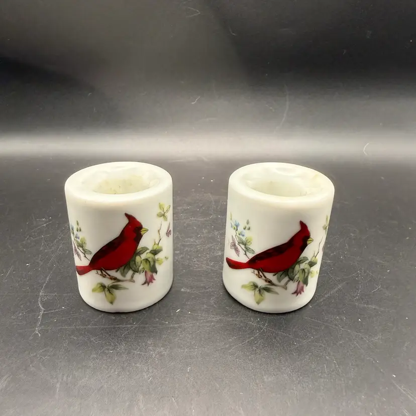 Pair of West German Ceramic Candle Holders With Cardinal And floral motif.
