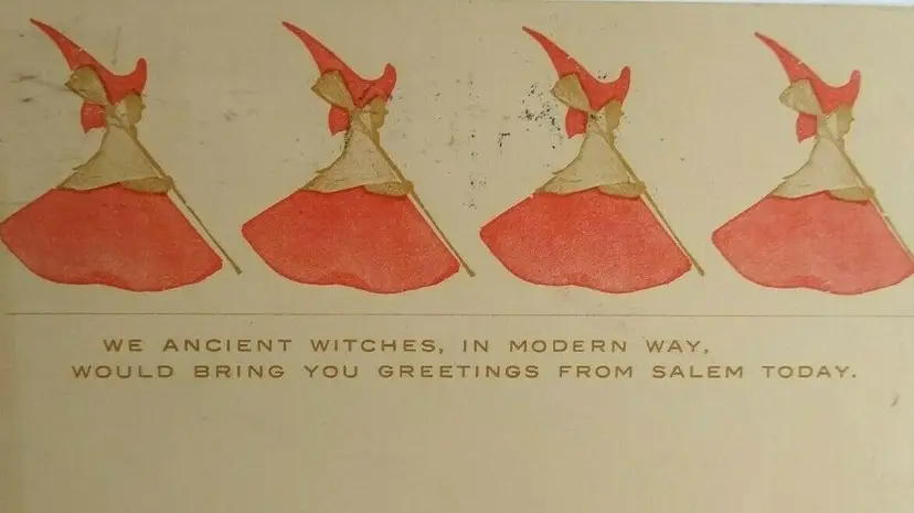 Halloween Postcard Ancient Salem Witches With Broomsticks Beverly Mass 1908