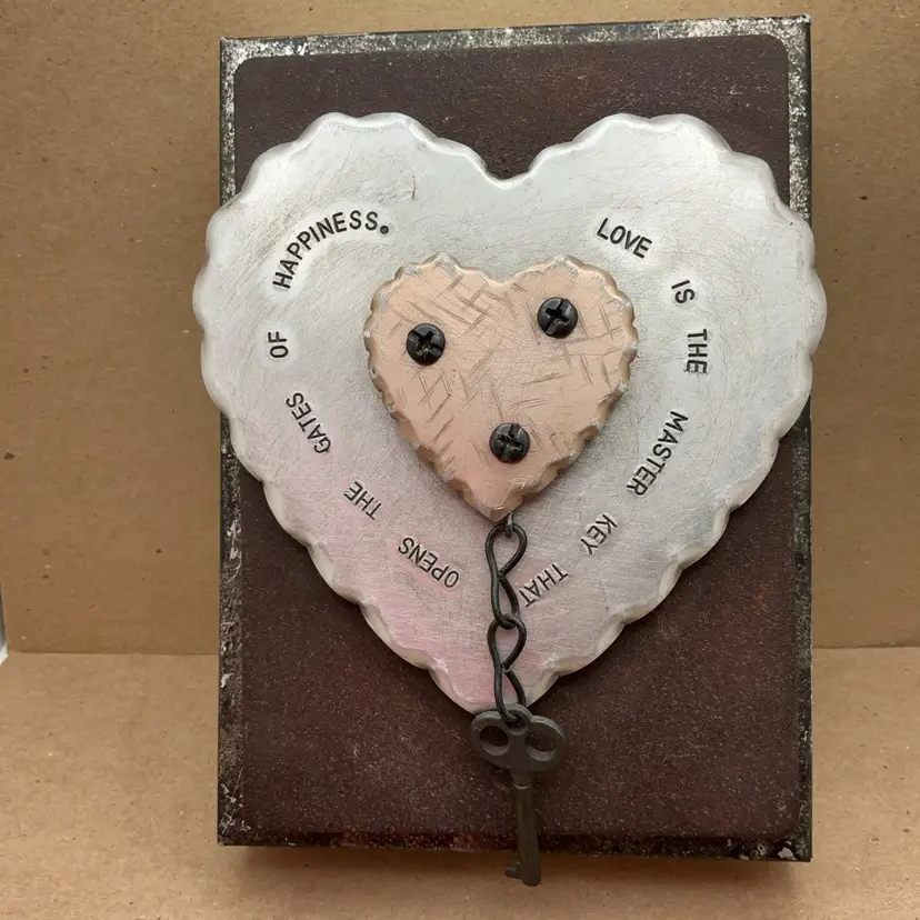 POW3 Metal Mixed Media Art with Hearts and Key 7 x 5 x 2.75”