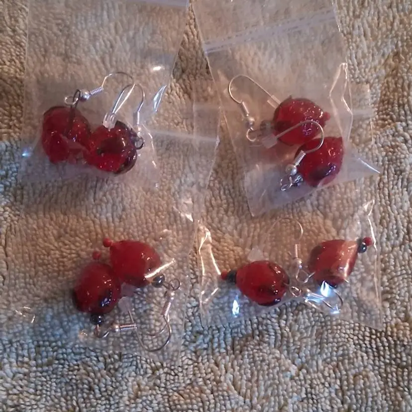 Handmade Lampwork Strawberry Bead Earrings, Silver-tone Fishhooks