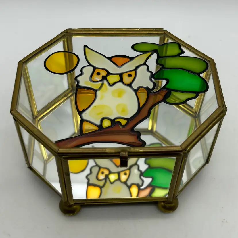 Vintage Brass And Glass Owl Octagon Trinket Jewelry Box