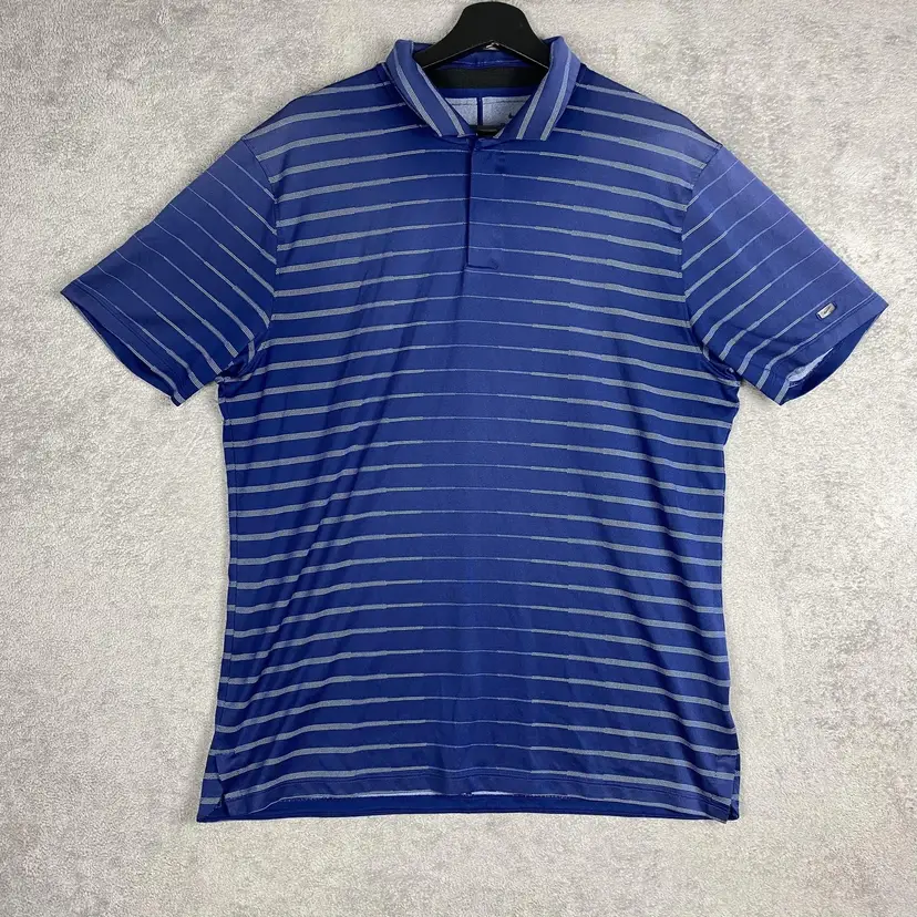 Nike Tiger Woods Polo Shirt Mens Large Blue Dri-Fit Golf Stripe