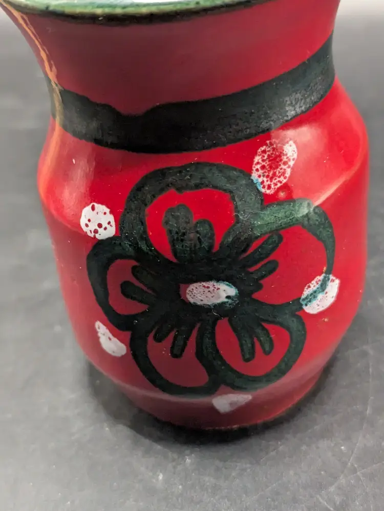 Vintage Small Pottery Made in Italy Red With Green and White Floral Design