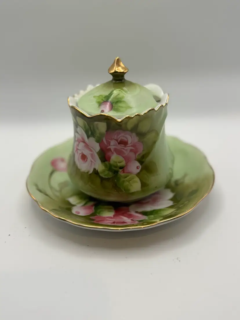 Hand Painted Lefton China Porcelain Jam/Condiment Jar (4”) With Under Plate (6” Diameter) Numbered NE1152