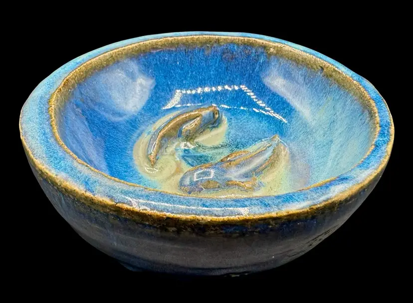 Signed XH HX Studio Art Pottery Bowl Trinket Pet Cat Food Water Koi Fish Blue 5”