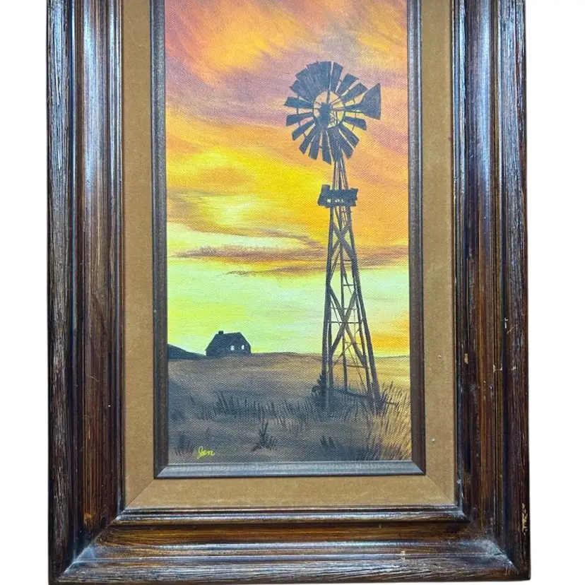 Signed Framed “Sunset Windmill” With Vintage Frame From Mexico 17x11