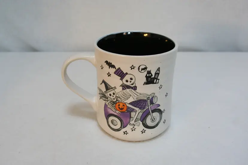 Cobwebs & Cauldrons Halloween Skeletons Purple Motorcycle Coffee Tea Cup Mug