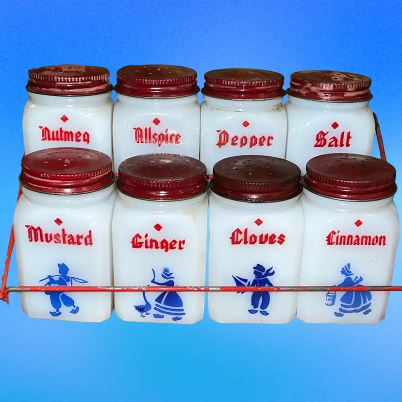 Hazel Atlas Dutch Children Spicer Rack,8 Milk Glass Spice Jars, c.1930s