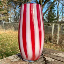 Hand-blown Red & White Striped Vase. Unsigned. 7”h.