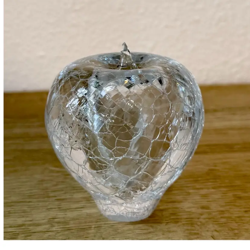 Clear Crackled Glass Apple Paperweight