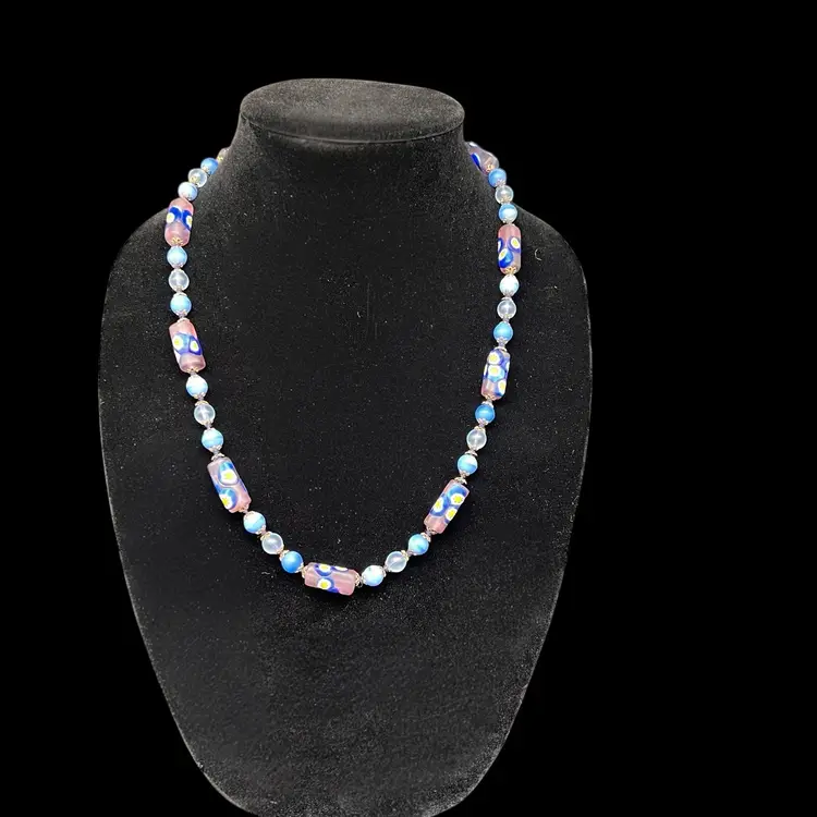 Vintage Venetian Satin Glass Millefiori Beaded Necklace Blue Purple Gold Tone