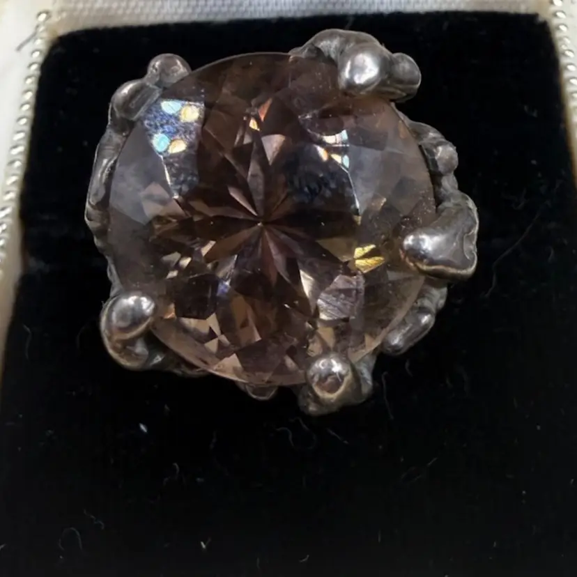 Vintage Cocktail Naturalist SMOKY QUARTZ CRYSTAL STERLING SILVER RING Size 5
