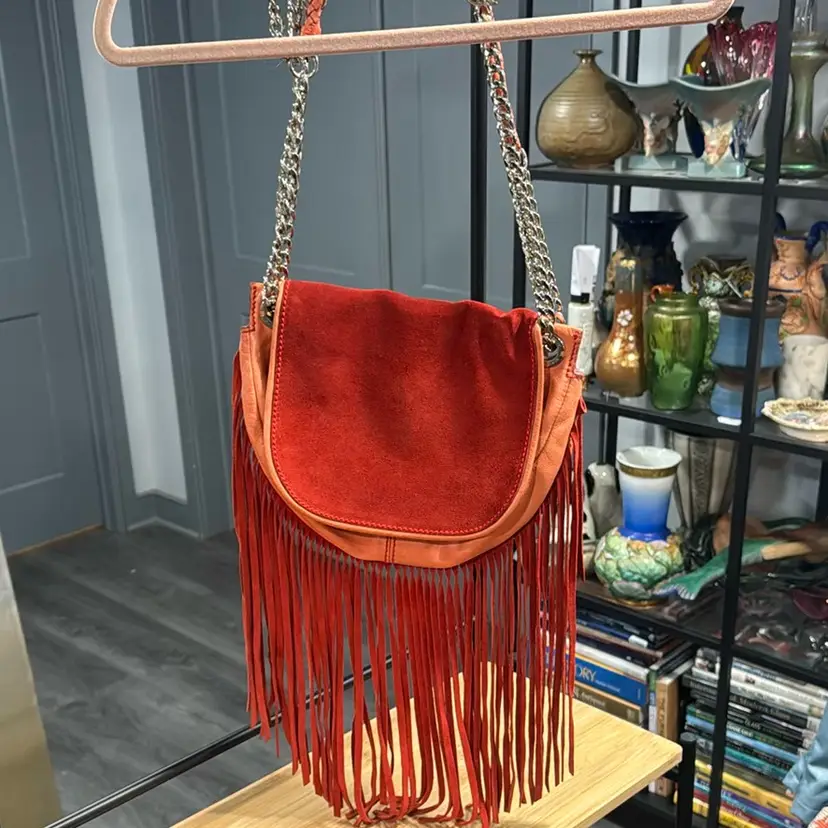 Handbag Orange Ramy Brook Leather w Fringe Zip Outside Pocket hippie Boho