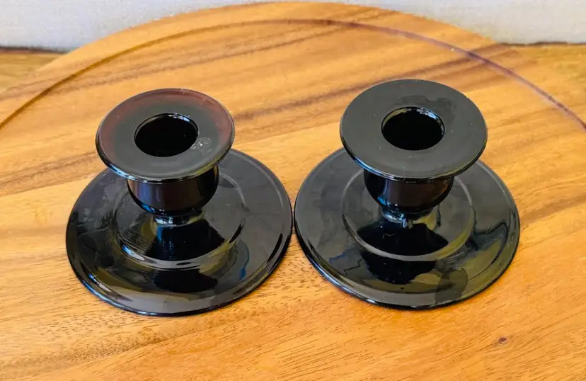 #01 - Vintage Black Amethyst Glass Candlesticks Pair 3" x 4"