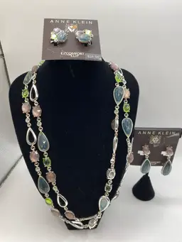 Anne Klein Long Single Strand Necklace & 2 Pairs Earrings Blue Pink Green Stones