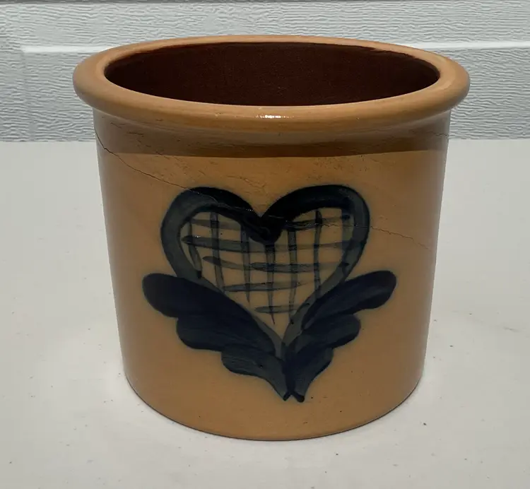 1989 Signed BBP Beaumont Pottery Salt Glaze Stoneware Crock Cobalt Heart & Plume