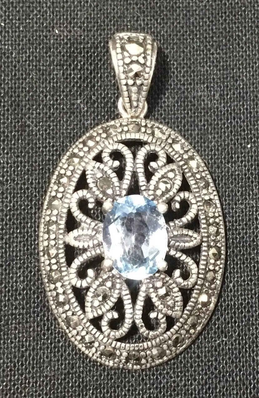 Necklace sterling sapphire marcasite pendant signed JC, open work prong set