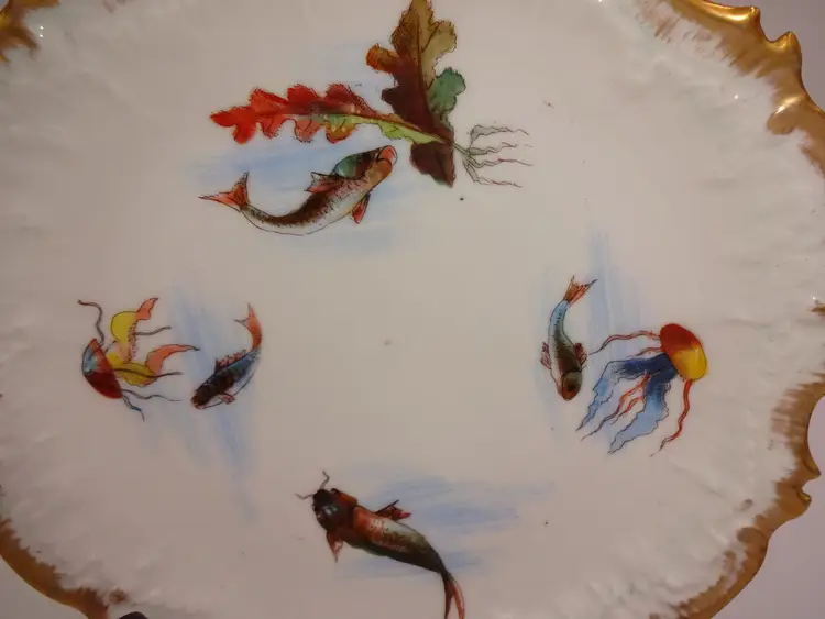 Antique Vintage AK Limoges A. Alfred Klingenberg 9" Gold Rim Plate Fish Jellyfish France