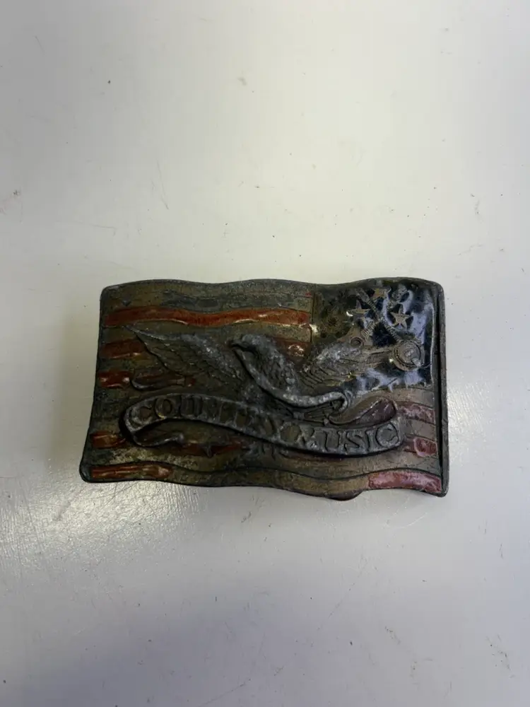 Vintage Indian Metal Craft Belt Buckle Country Music American Flag 1977
