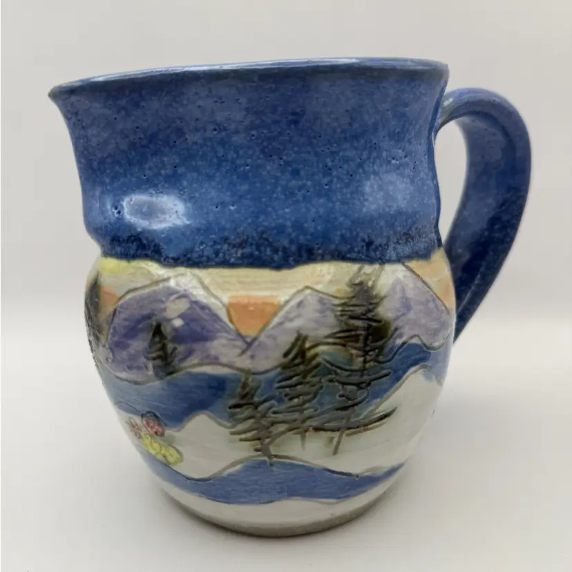 Artisan Signed Handmade Pottery “Mountain Scene “ Pitcher