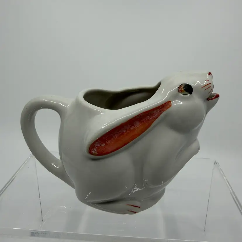 Vintage Japan White Rabbit Orange Ears Handled Creamer 3.75”