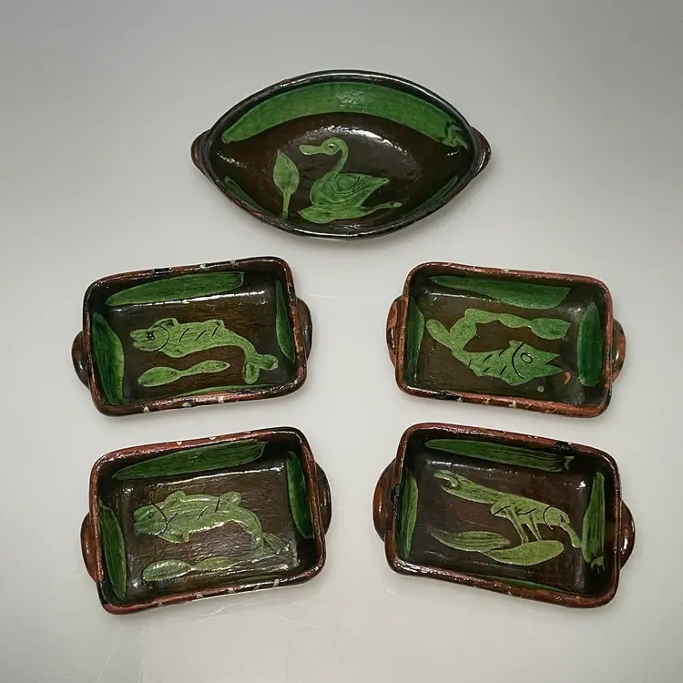 Mexican Patamban Michoacan Green Glaze Redware Pottery Condiment Set Vintage Swan & Fish