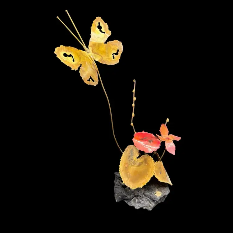 Vintage Signed Cole Metal Art Butterfly Brass Lava Rock Sculpture MCM As Is