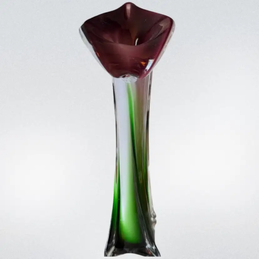 Jack in the Pulpit Vase - Cased Ribbed Swirled Green Purple White 11” Ex Cond