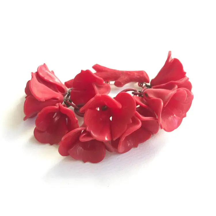 Vintage Early Plastic Red Celluloid Dangling Floral Flower & Branch Chain Brooch