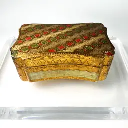 Vtg Italian Gilt Gold Red & Green Florentine Italy Trinket Jewelry Box