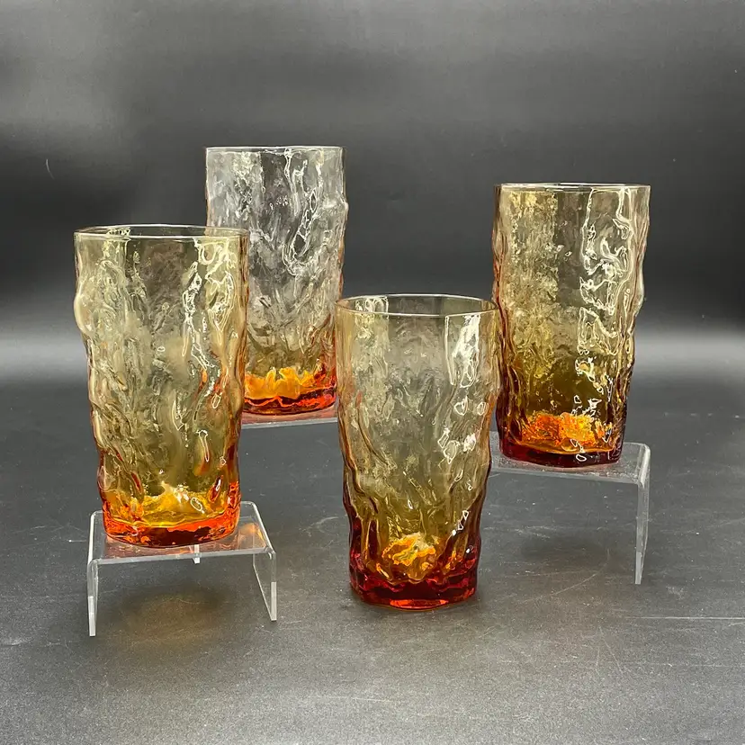 #01 Seneca Driftwood Set of 4 Amber Highball Tumblers Crinkle Glass Glows Kitchen Vintage