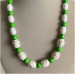 Vintage Hand Painted Porcelain Flower Beaded Necklace With Green and White Beads