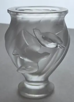 Signed Lalique frosted bird vase