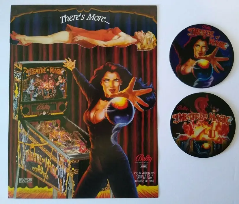Theatre Of Magic Pinball FLYER + 2 Promo Plastic Drink Coasters Original UNUSED
