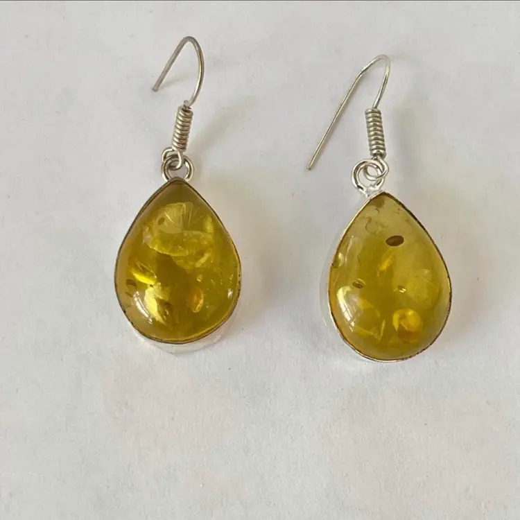 Amber Teardrop Earrings Yellow Resin Dangle Silver Tone Boho