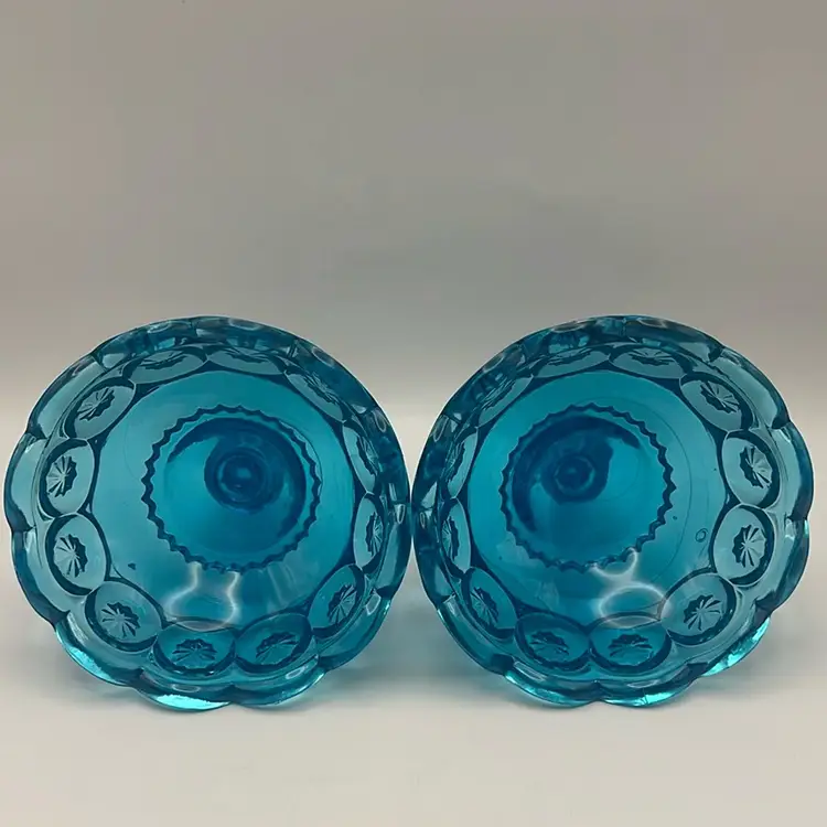 Vintage Pair Of LE Smith Moon And Stars Glass Candlestick Holders, 4.75” Tall