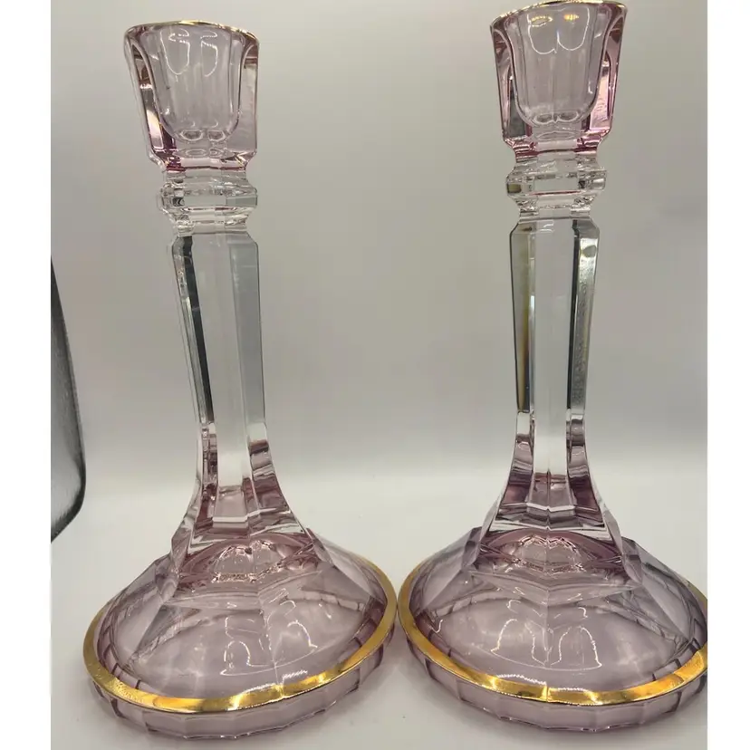 Vtg SC Lavender And Clear Crystal Candlesticks Pair With Gold Trim, 8 1/4” Tall, 4 1/4” At Base