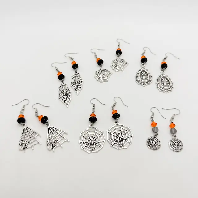 Halloween Spider Web Earrings Various Options Orange Black