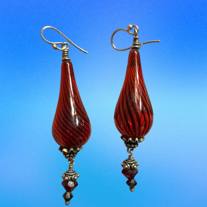 Vintage Red Glass With Interior Black Stripes Dangle Earrings