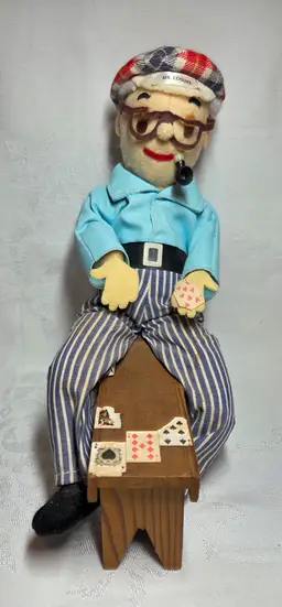 Vintage Stuart Inc. Mr. Leisure Doll Playing Cards On Wooden Bench, St Paul MN