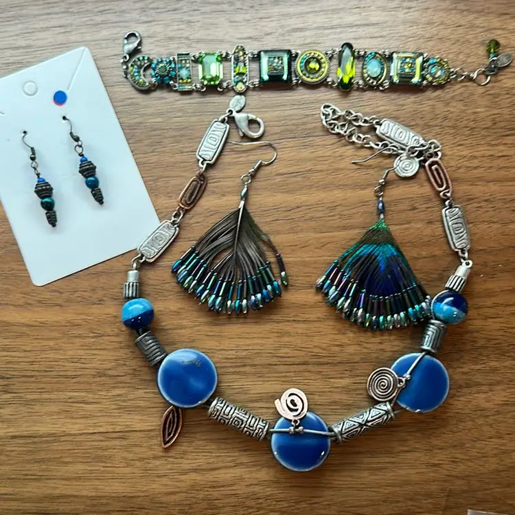 Lot Of 4 bohemian Necklace, Mosaic Bracelet, Peacock, Feather earrings, And turquoise Earrings