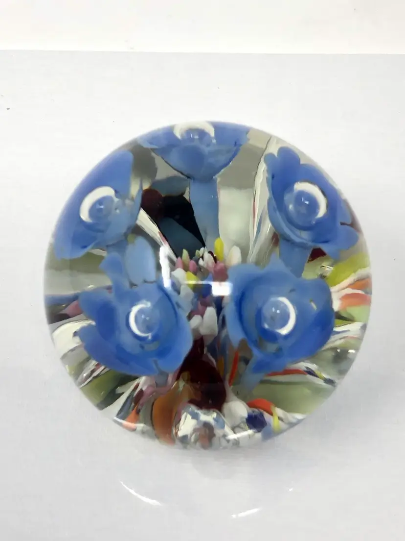 Blue Trumpet Flower Paperweight with Controlled Bubbles and Rainbow Confetti Base