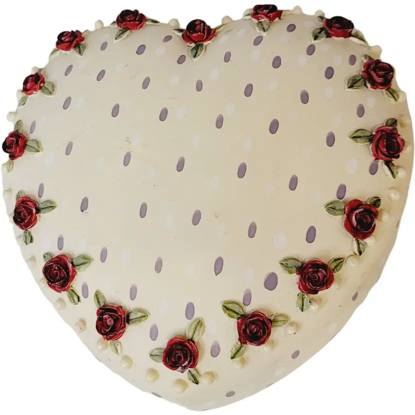 Vintage Large Heart Shaped Lidded Trinket Box With 3D Flowers Hand Painted