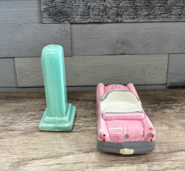 Vintage 1950s Style Pink Convertible and Gas Pump Salt And Pepper Shaker Set