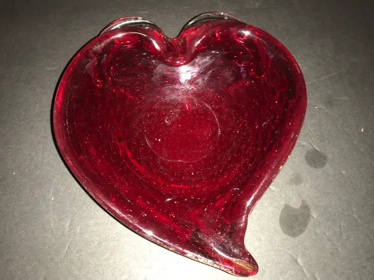 Vintage Heart Shaped Art Glass Bowl candy trinket Controlled Bubbles Red