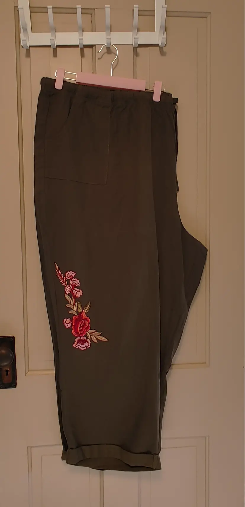 Bottoms- Brand: Chelsea Studio. Size 4X. Olive pants with embroidery. 55% cotton, 45% Tencel. No callouts.
